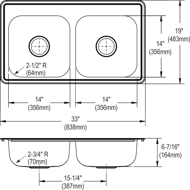 Évier de cuisine à double cuve encastrable L 33 po x l 19 po Dayton, 2 trous, Acier inoxydable