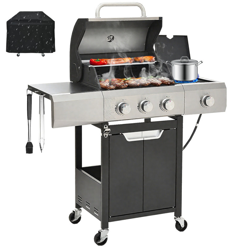 Barbecue au propane à 3 brûleurs avec brûleur latéral, barbecue en acier inoxydable 40500BTU avec tables d'appoint, grilles en fonte émaillée de porcelaine