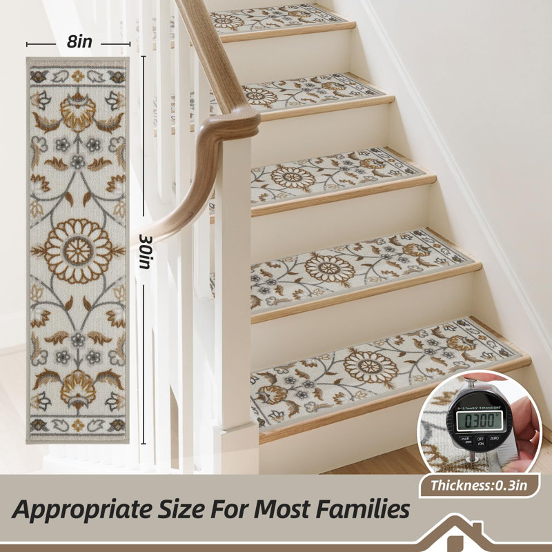 Paquet de 15 tapis d'escalier antidérapants 8 po x 30 po, tapis d'escalier lavable à la machine avec envers en TPE, tapis d'escalier 100% polyester doux pour les marches en bois d'intérieur