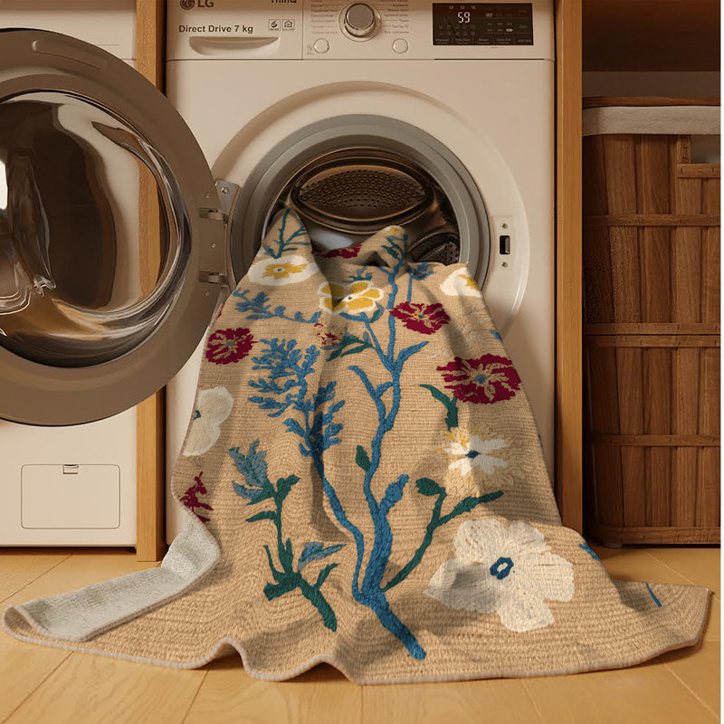 Tapis botanique brun lavable à la machine, Rond 7 pi