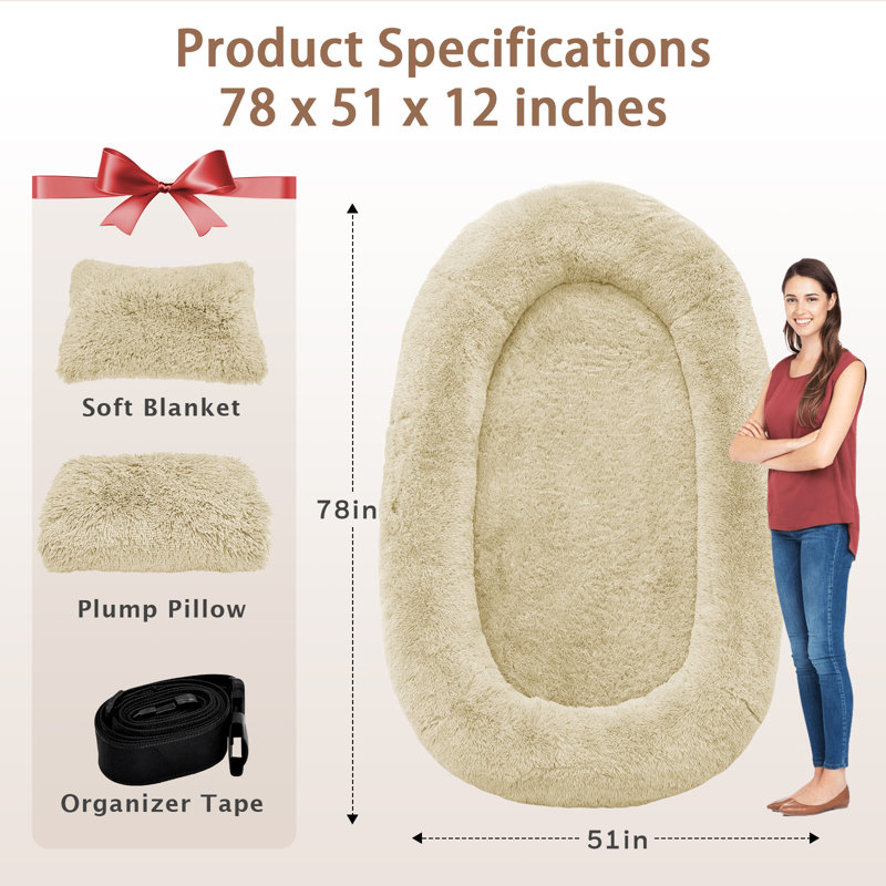 Grand lit pour chien de 78 po avec oreiller moelleux, couverture, sangle - beige, Beige, H 12 po x l 78 po x P 51 po