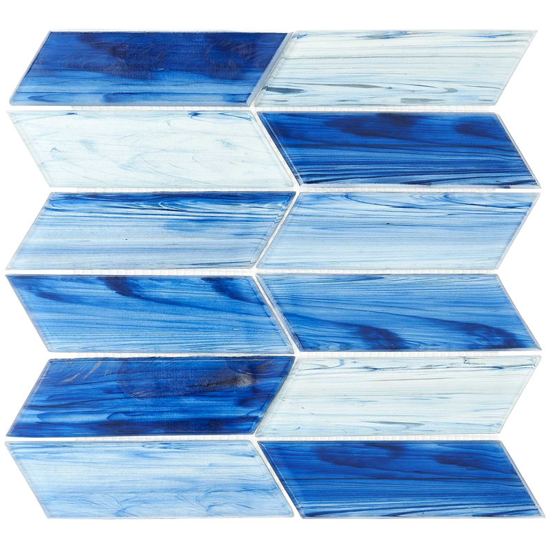 Maya 2x7 Chevron Polished Glass Mosaic Tile, Chevron Azur