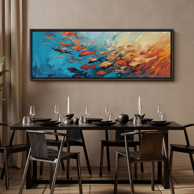 Banc de poissons en bleu et orange antique rétro, H 20 po x l 60 po, Noir, noir, noir, noir