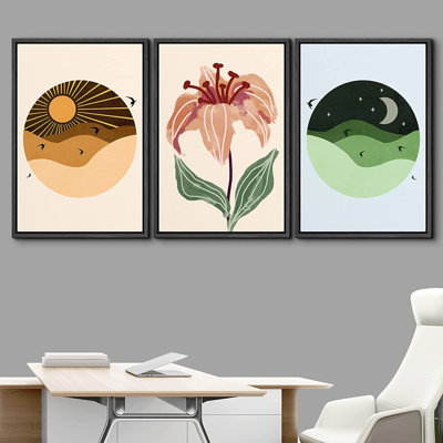 Géométrique, soleil brillant et croissant de lune avec fleur de lotus, ciel naturel - ensemble de 3 impressions sur toile flottante