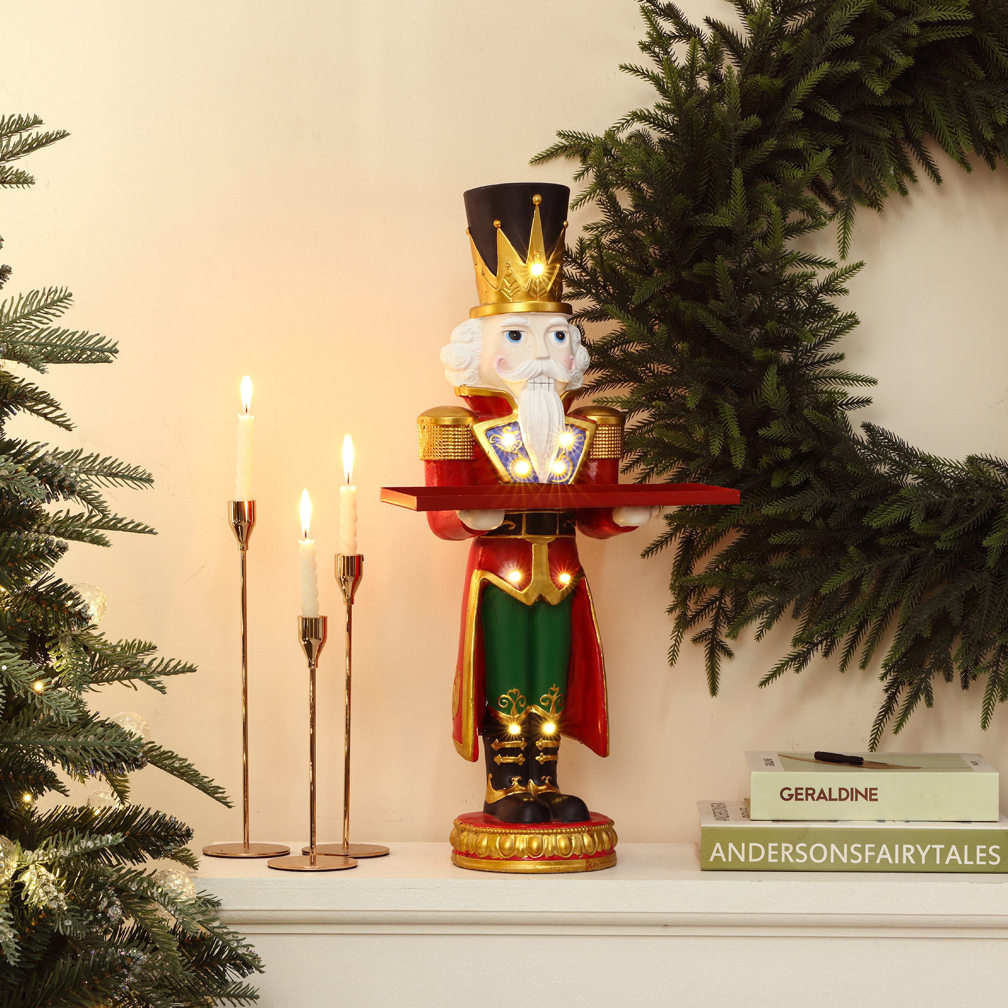 Tall Nutcracker Red Soldier with Tray, Battery-Operated Holiday Decoration with Lights, 23.62" H x 11.81" W x 7.68" D