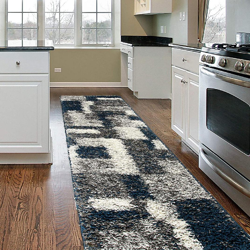 Farmerville Geometric Shag Navy/Gray/Ivory Area Rug, Runner 2' x 7'