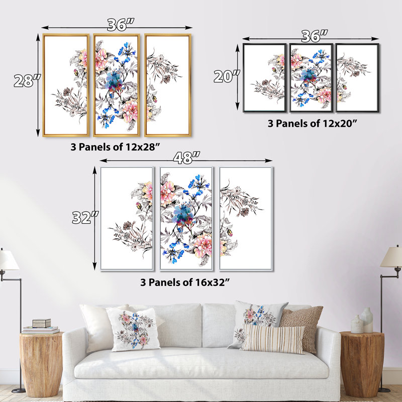 «Blue and Pink Wildflowers», peinture sur toile 3 pièces, Or, H 32 po x l 48 po