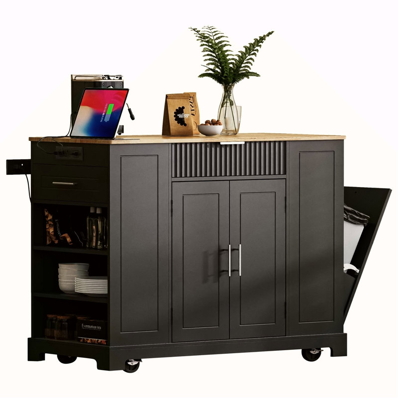 Fluted Kitchen Island With Trash Can Storage Cabinet, Power Outlet, Internal Storage Rack, Rolling Kitchen Islands On 5 Wheels With 3 Drawer, 3 Open Side Racks For 10 Gallon Garbage Bin, Black