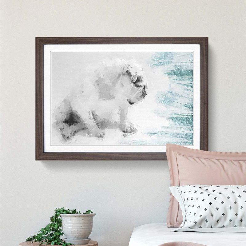 White British Bulldog Profile in Abstract - Picture Frame Painting Print, 60cm H x 91cm W x 2cm D, Walnut