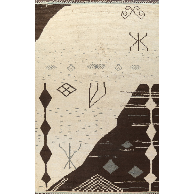 Tapis ivoire en laine noué à la main de conception unique 9 pi 10 po x 14 pi 8 po