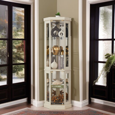 Antique White Corner Lighted Curio Cabinet – Glass Display Case For Living Room, Bar, Wine, Collectibles by Fleur De Lis Living