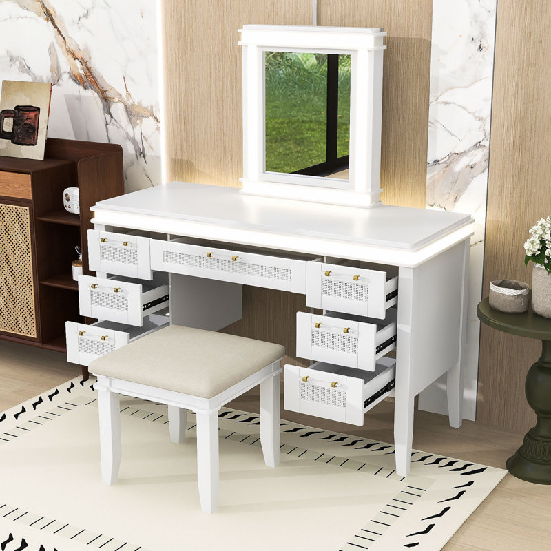 Makeup Vanity Table with 7 Storage Drawers, LED Mirror and Padded Stool, Light Beige