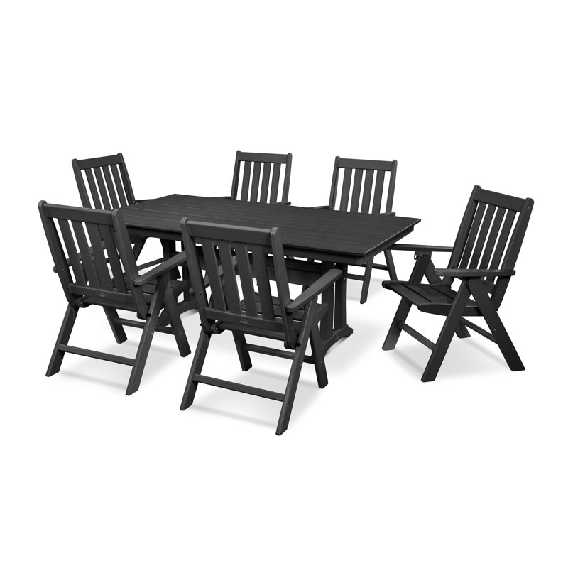 Vineyard Folding Chair 7-Piece Farmhouse Dining Set with Trestle Legs, Black