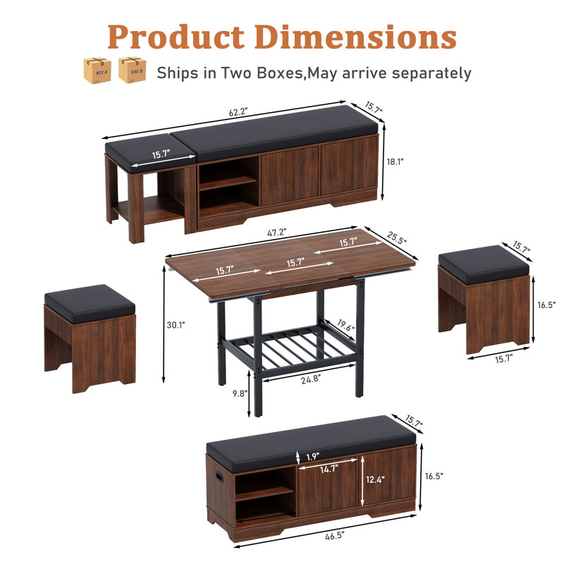 Extendable Breakfast Nook Table Set with Storage Benches & Stools, 6-Piece Corner Dining Table Set, Walnut, Walnut/Black