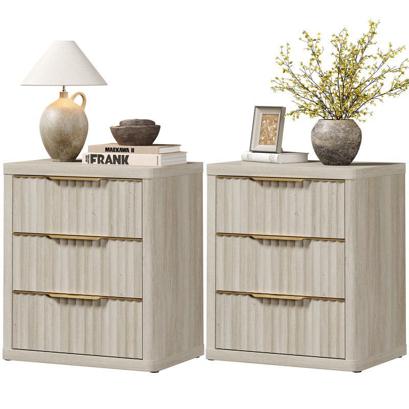 Cesiro 3-Drawer Nightstand with Metal Glides, Set of 2, Gray White Oak