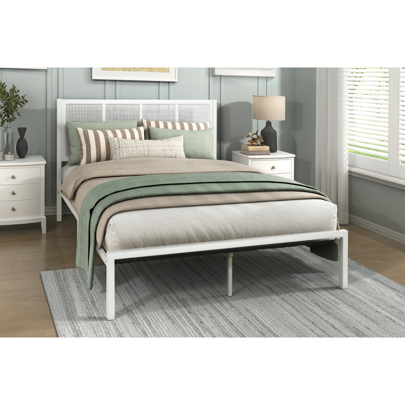 Casual Coastal Bedroom Queen Bed, Metal Frame & Faux Cane Headboard In White, Box Spring Excluded White Panel Headboard, Look, No Foundation Needed
