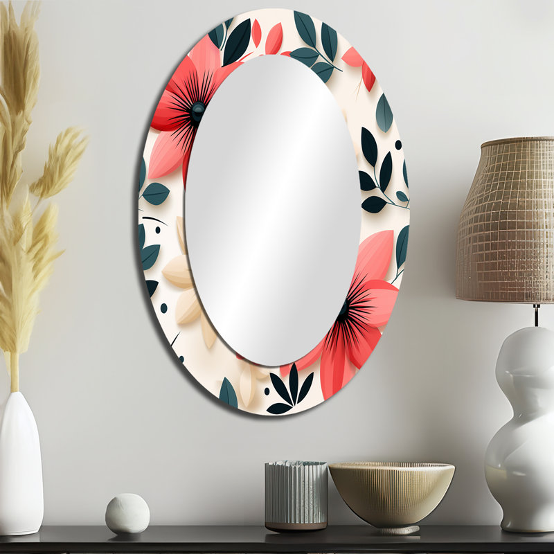 Conformation Pink And White Floral Pattern - Traditional Oval Wall Mirror, 36" H x 24" W