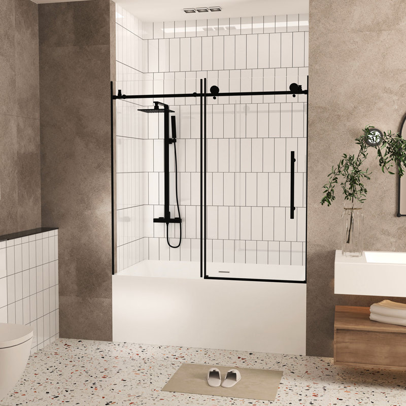 Porte de douche de 60 po de largeur, l 56 po, verre trempé transparent de 6 mm, pellicule résistante, poignée en acier inoxydable rouille, noir mat, protection contre les bris de salle de bain propre et bien rangée
