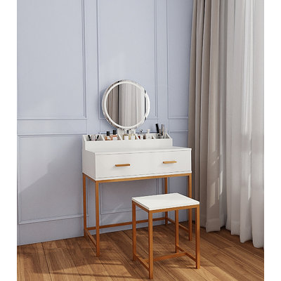 Vanity Set With Mirror And Stool - Makeup Vanity Table With Storage Drawers And Organizer, White And Gold, Space-Saving Design For Small Bedrooms