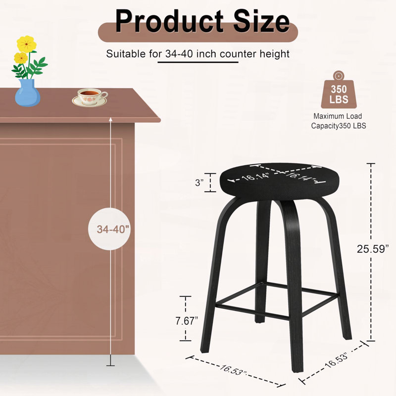 Tabouret de bar pivotant avec dossier sans dossier et siège en tissu, hauteur de 26 po, ensemble de 2, Noir