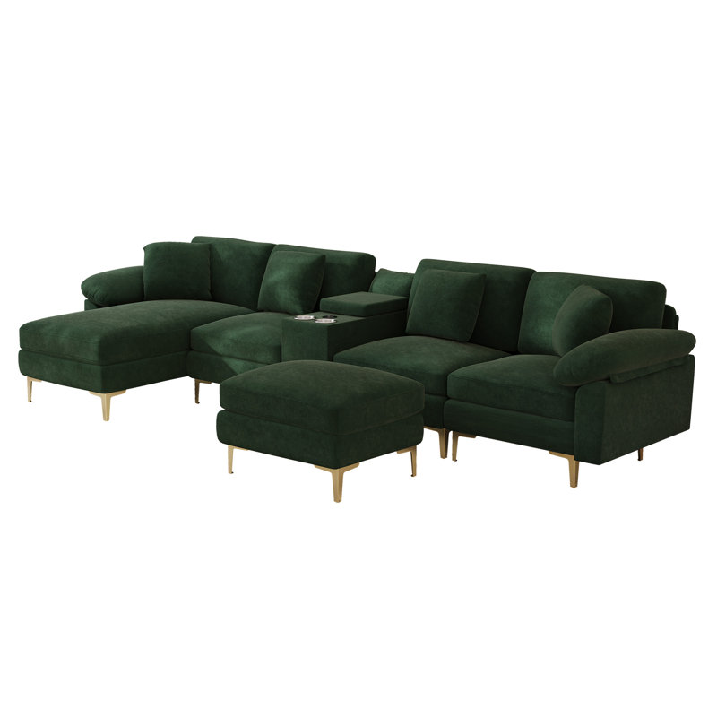 Canapé modulaire en chenille de 128 po en U avec console de rangement, Chenille verte