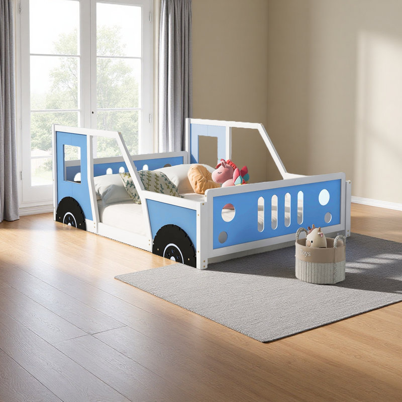 Classic Car-Shaped Platform Bed With Wheels, Blue, Full