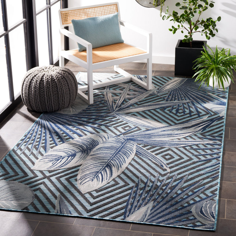 Sparks Lianne Floral Aqua/Navy Indoor / Outdoor Area Indoor/Outdoor Area Rug, Rectangle 5'1" x 7'6"