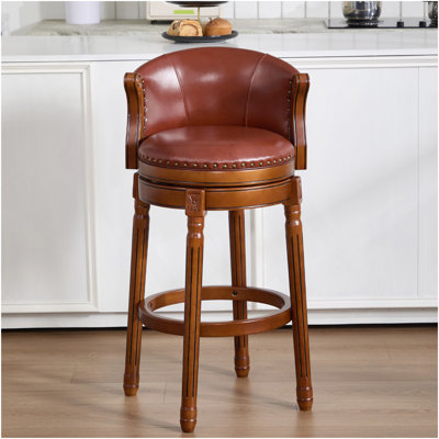 Cow Top Leather Wooden Bar Stools, 360 Degree Swivel Bar Chair With Backs,Bar Height Couner Height Barstools  For Home Kitchen Dining Room And Bar Room(Brown 1Pc)