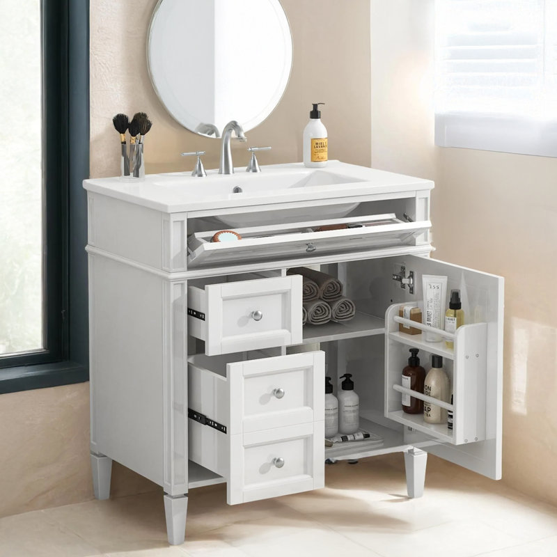 Meuble-lavabo de salle de bain 30 po avec lavabo supérieur, meuble-lavabo moderne avec 2 tiroirs et tiroir basculant, meuble-lavabo simple