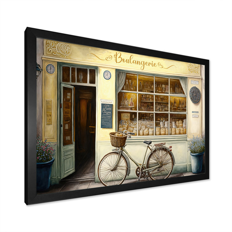 Vélo devant une boulangerie française I - Peinture sur toile, Impression noire sur toile encadrée, H 24 po x l 32 po x P 1 po