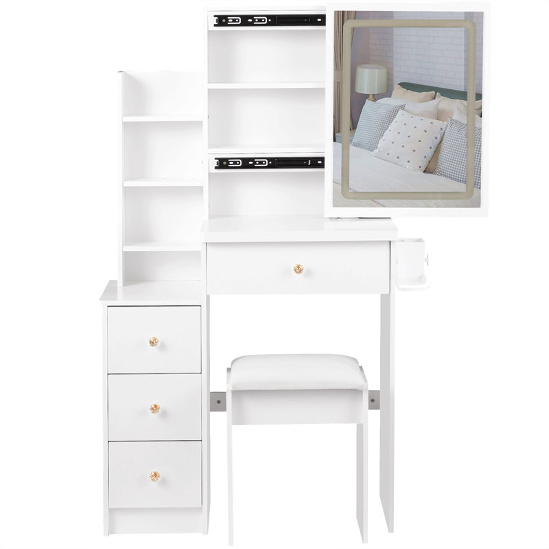 29.2" Small Size Left Bedside Cabinet Vanity Table + Cushioned Stool, 2 Ac+2 Usb Power Station, Hair Dryer Bracket, Extra Large Touch Control Sliding Led Mirror, Tri-Colour Switching, Brightness Adjust