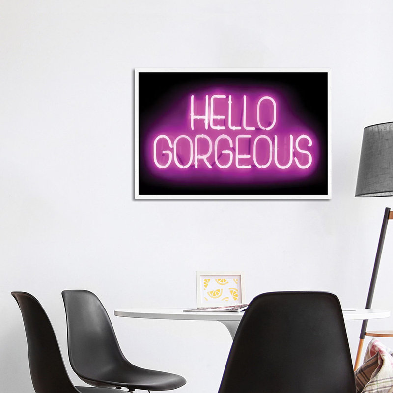 Neon Hello Gorgeous Pink on Black 1 Piece Wall Art on Canvas, 101.6 cm H x 66.04 cm W, White Framed