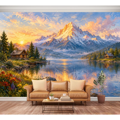 Wall Mural Peel and Stick Mountain wildflowers sunrise trees iceberg Sunset cottage trees cloud Large Wallpaper Self-Adhesive Removable Contact Paper Wall Decor for Living Room Bedroom Nursery 100"H x 144"W