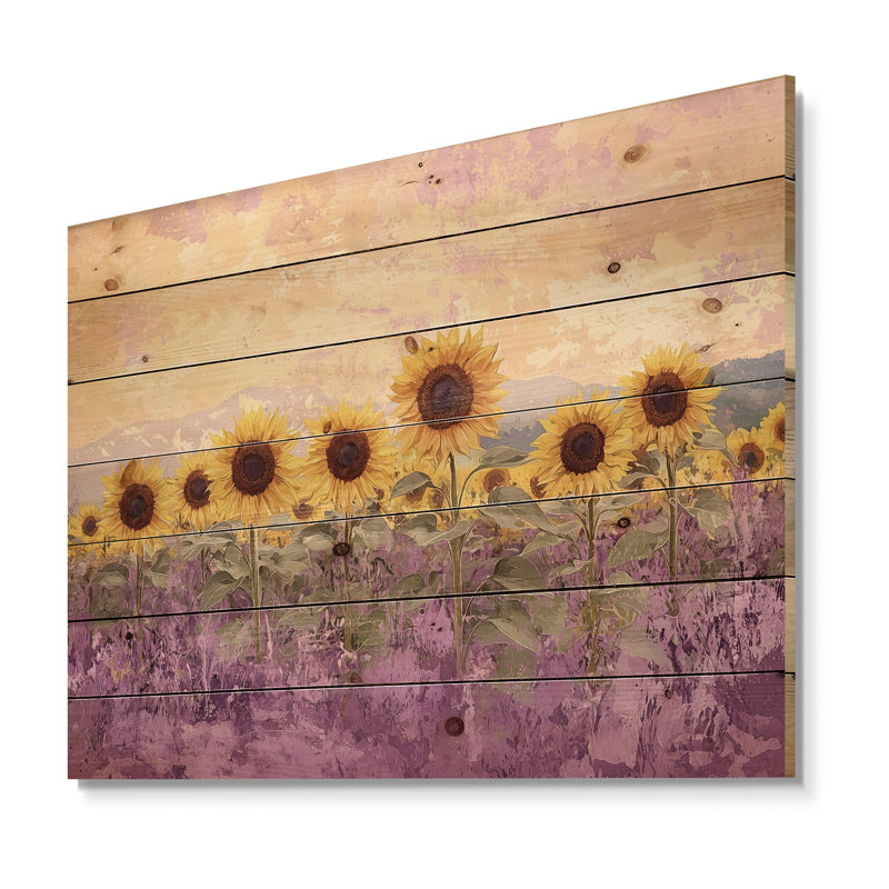 Lavande tournesol champ I - impression de tournesols sur bois de pin naturel, H 34 po x l 44 po x P 0,78 po