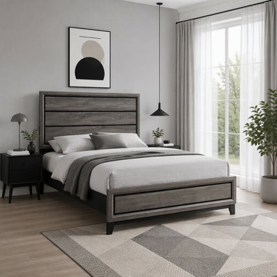 Lit à panneaux rustiques aux lignes noires épurées, cadre durable et ambiance apaisante pour les chambres modernes
