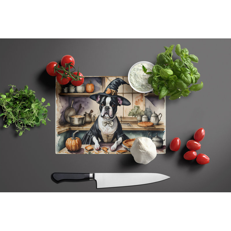 Boston Terrier Fall Kitchen Pumpkins Glass Cutting Board Large