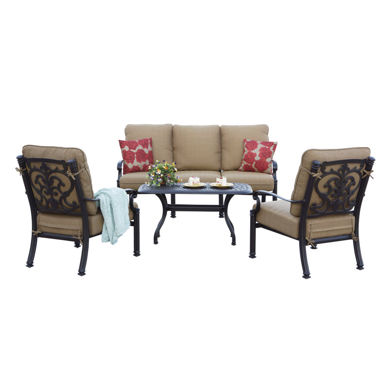 Anhar 4-Piece Patio Sofa Conversation Set with Cushions and 21 x 42'' Rectangular Coffee Table, Antique Bronze