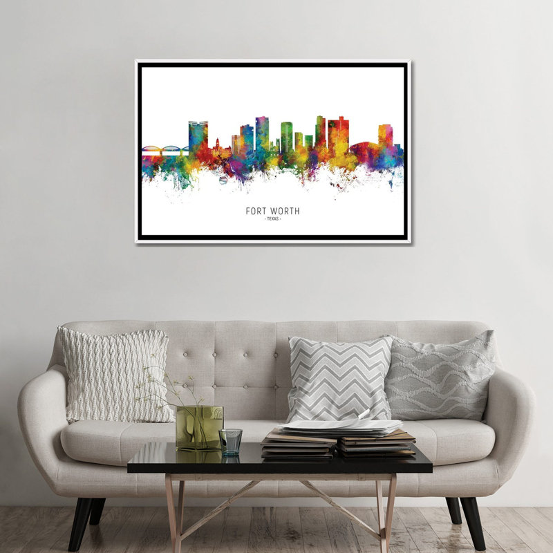 «Rainbow Splash Fort Worth Texas Skyline», reproduction d'art murale encadrée, H 32 po x l 48 po, Blanc