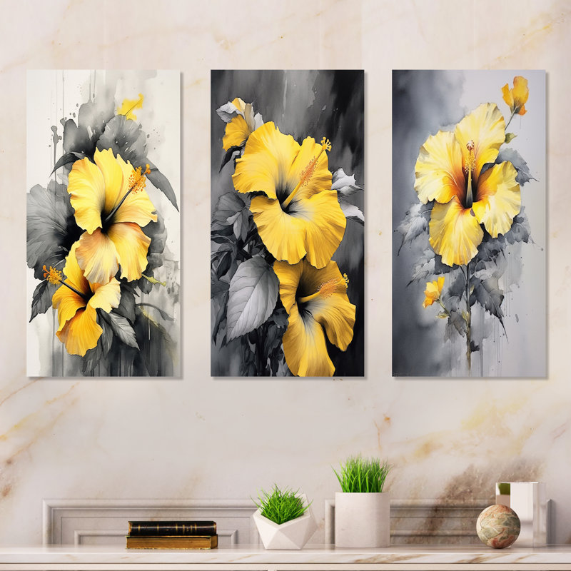Yellow And Grey Hibiscus Serenade - Hibiscus Metal Art Print Set Of 3, 28" H x 36" W