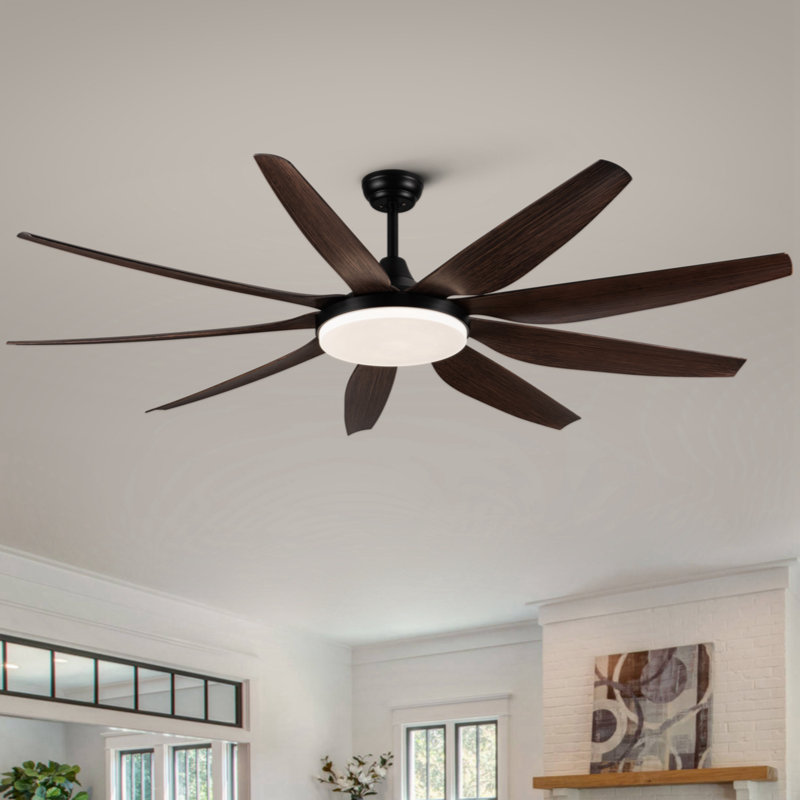 Oversized Industrial Large Black Ceiling Fan with LED Lights and 9 Aluminum Blades, Matte Black with Matte Black Blade, 84