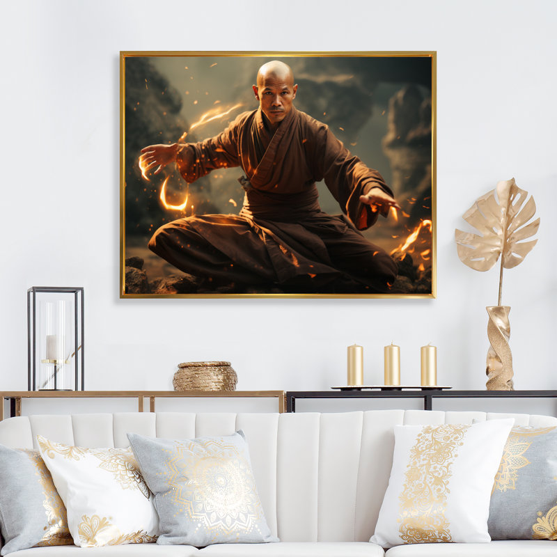 Kung fu II - superhéros, impressions sur toile, H 12 po x l 20 po x P 1 po, Cadre flottant doré