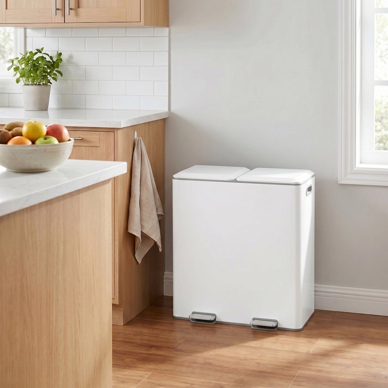 16 Gallon Stainless Steel Double Trash Can with Soft-Close Lids, White