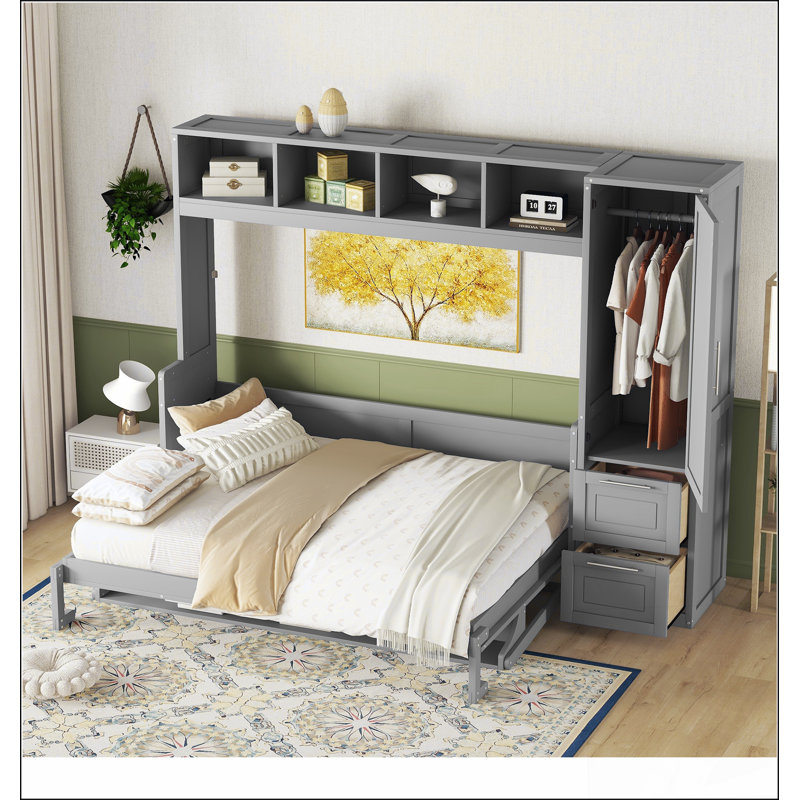 Lit escamotable Murphy avec placard et tiroirs, Gris