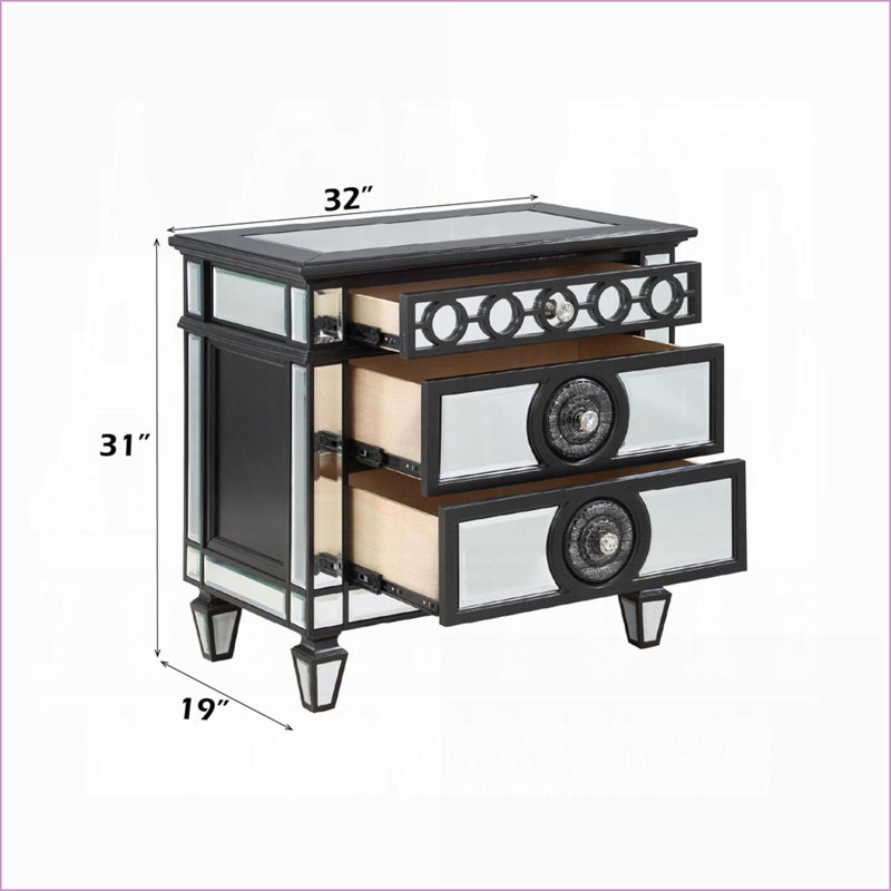 Table de chevet en bois à 2 tiroirs avec miroir Glam, Argent argent