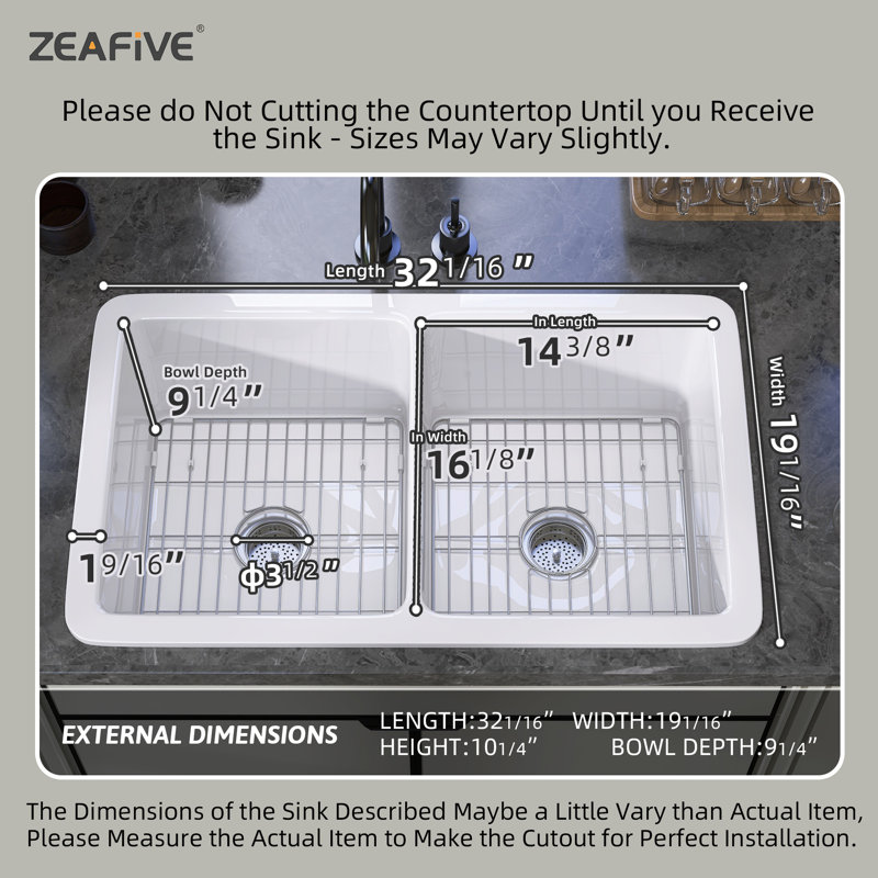 Kitchen Sinks 32" L x 19" W Double Bowl Fireclay Farmhouse Sink Custom Bottom Grid & Strainer Drain