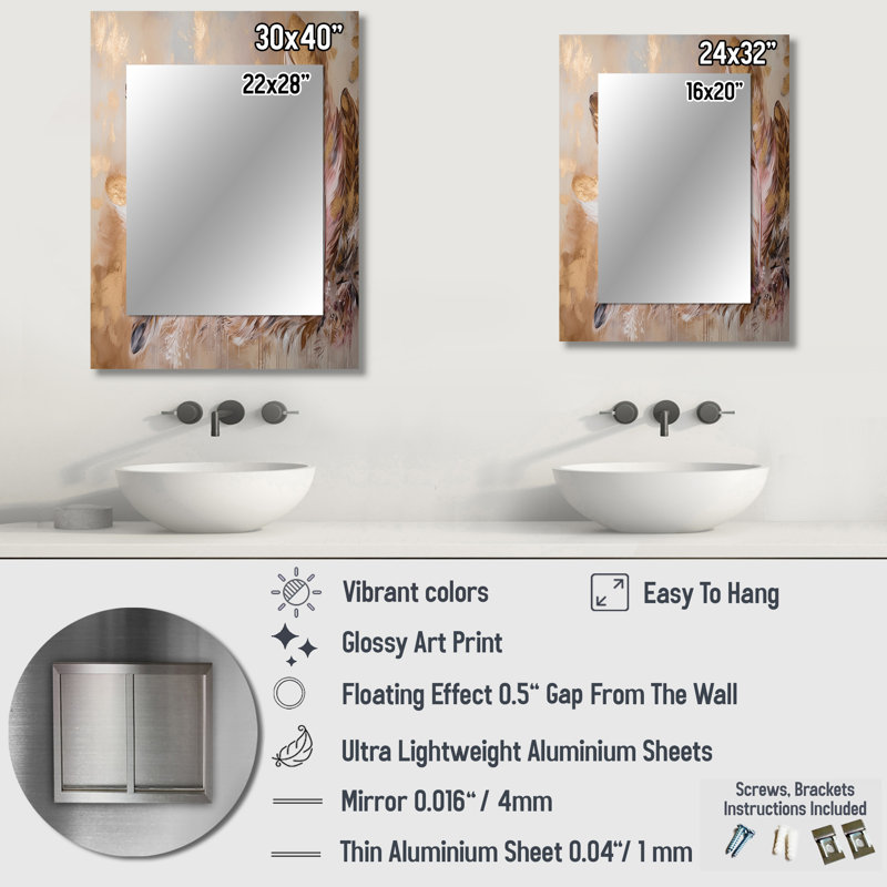Gold Feather Boho Majesty - Glam Feather Mirror, Modern Unique Wall Mirror, Printed Metal Art, 32" x 24"