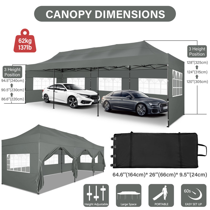 30 Ft x 10 Ft Real Heavy Duty Steel Pop-Up Canopy with 8 Sidewalls, Gray