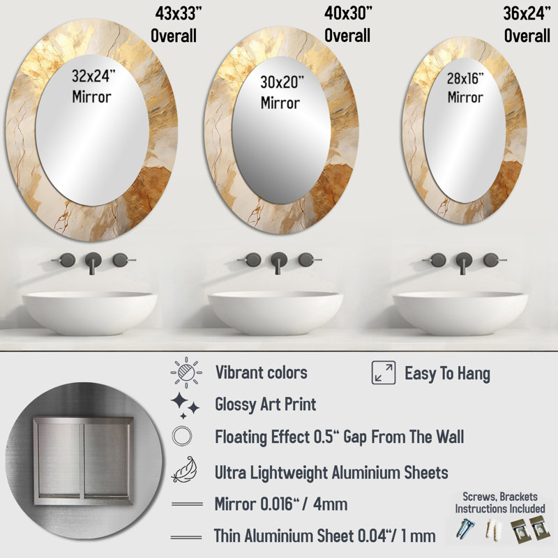 Éclairage marbré beige et doré - Miroir décoratif abstrait ovale sur métal, 36 po x 24 po