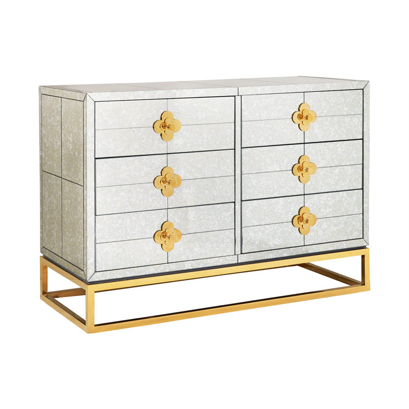 Delphine Antiqued Mirror & Brass Six-Drawer Mid-Century Credenza