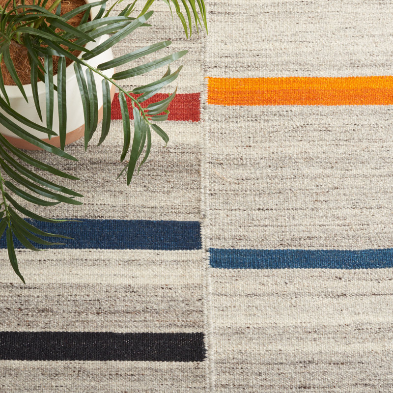 Kilim Flatweave Wool Cotton Abstract Rug in Ivory/Gray, Rectangle 5' x 8'